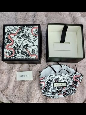 Gucci Floral Snake Box & Drawstring Pouch - Black & White with Pink Accents